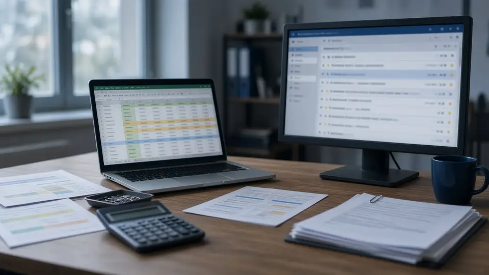 Desk with spreadsheets on screen, piled-up emails and loose papers
