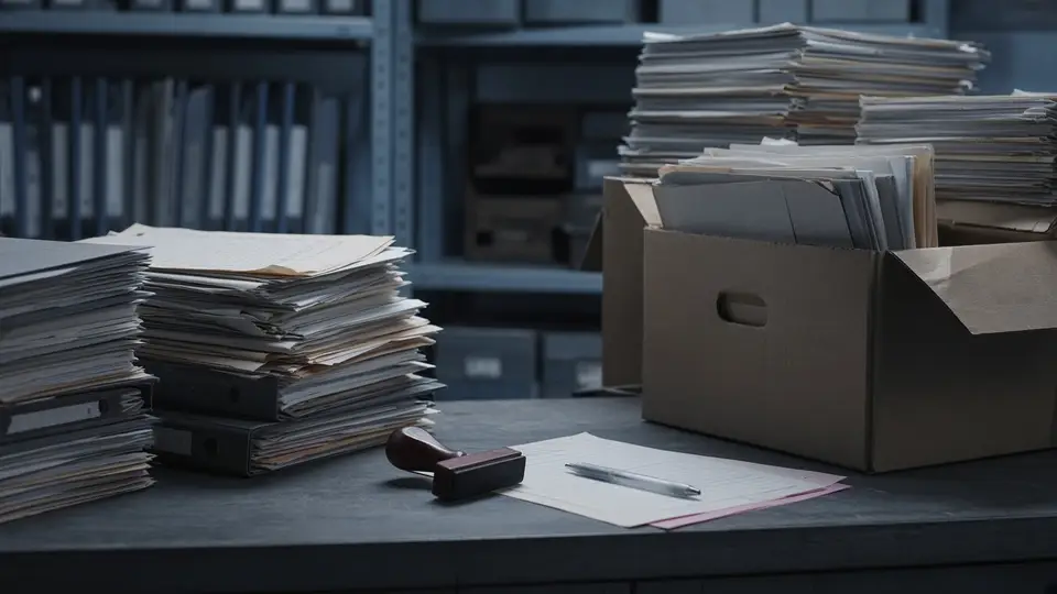 Stacks of invoices, folders and a stamp for a process still done by hand